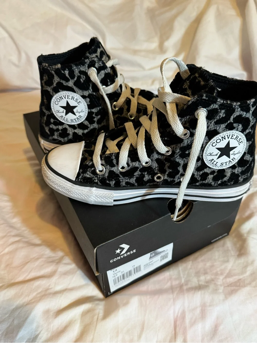 Converse Kids Black and Gray Leopard Print Chuck Taylor High Tops